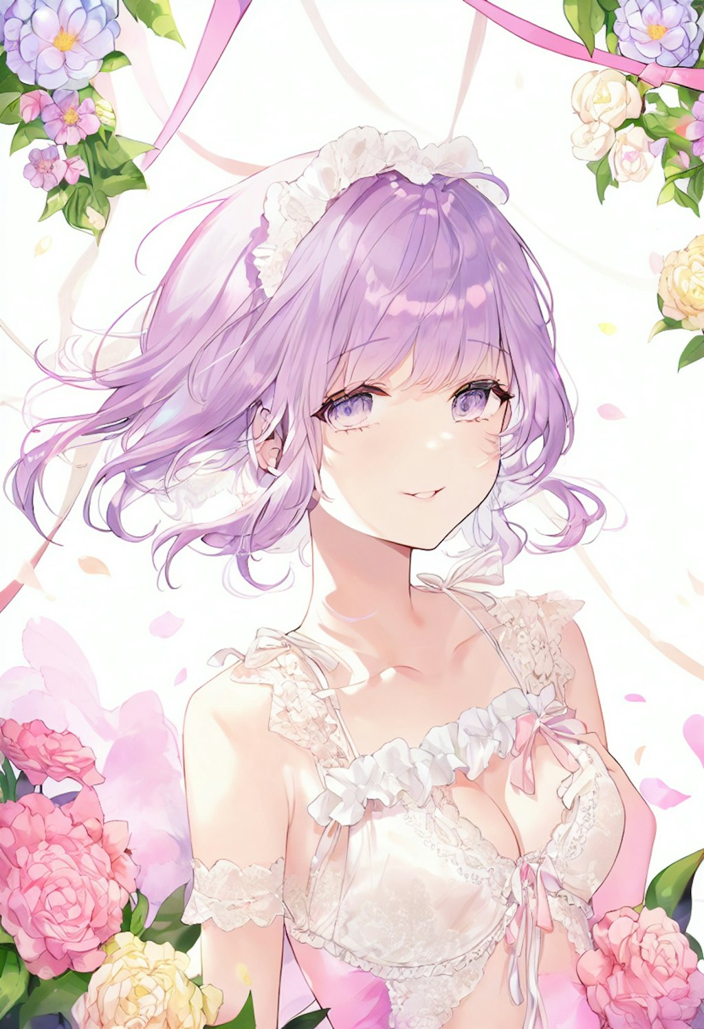 A girl with wavy purple hair and lace lingerie picks flowers in a bright garden