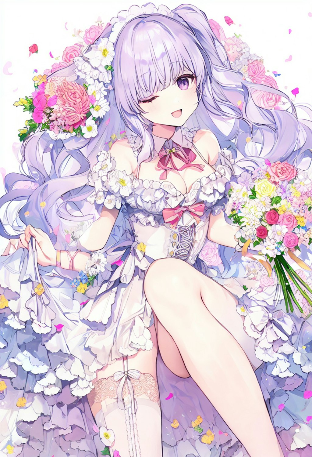 A girl with wavy purple hair and lace lingerie picks flowers in a bright garden