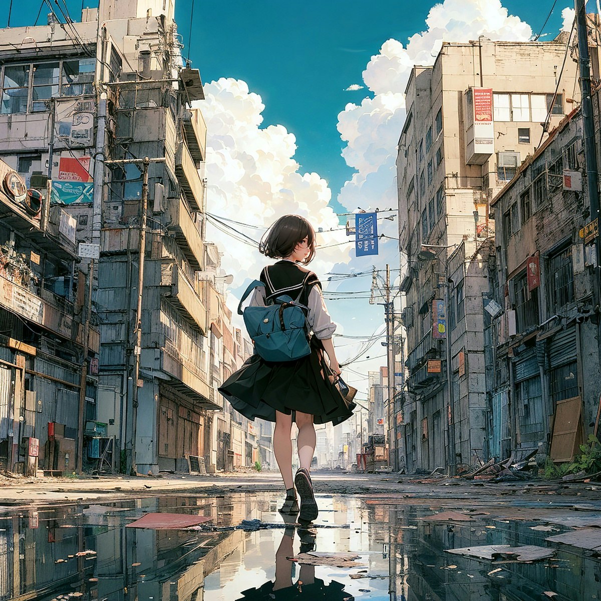 街と水たまり、少女39 | chichi-pui（ちちぷい）AIイラスト専用の投稿