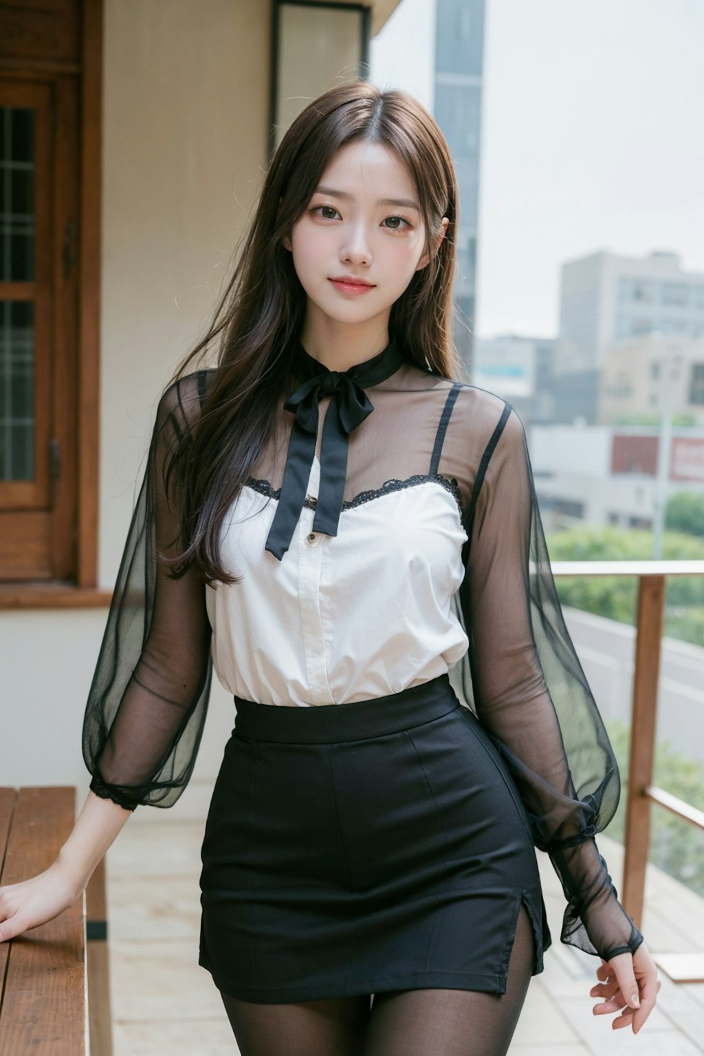 See-through blouse & black stockings