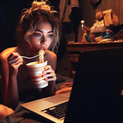 深夜にYoutube見ながらカップラーメンを食べる女子