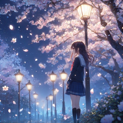 夜桜と少女