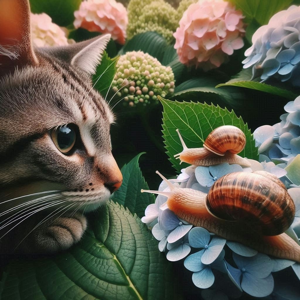 紫陽花とカタツムリと猫。