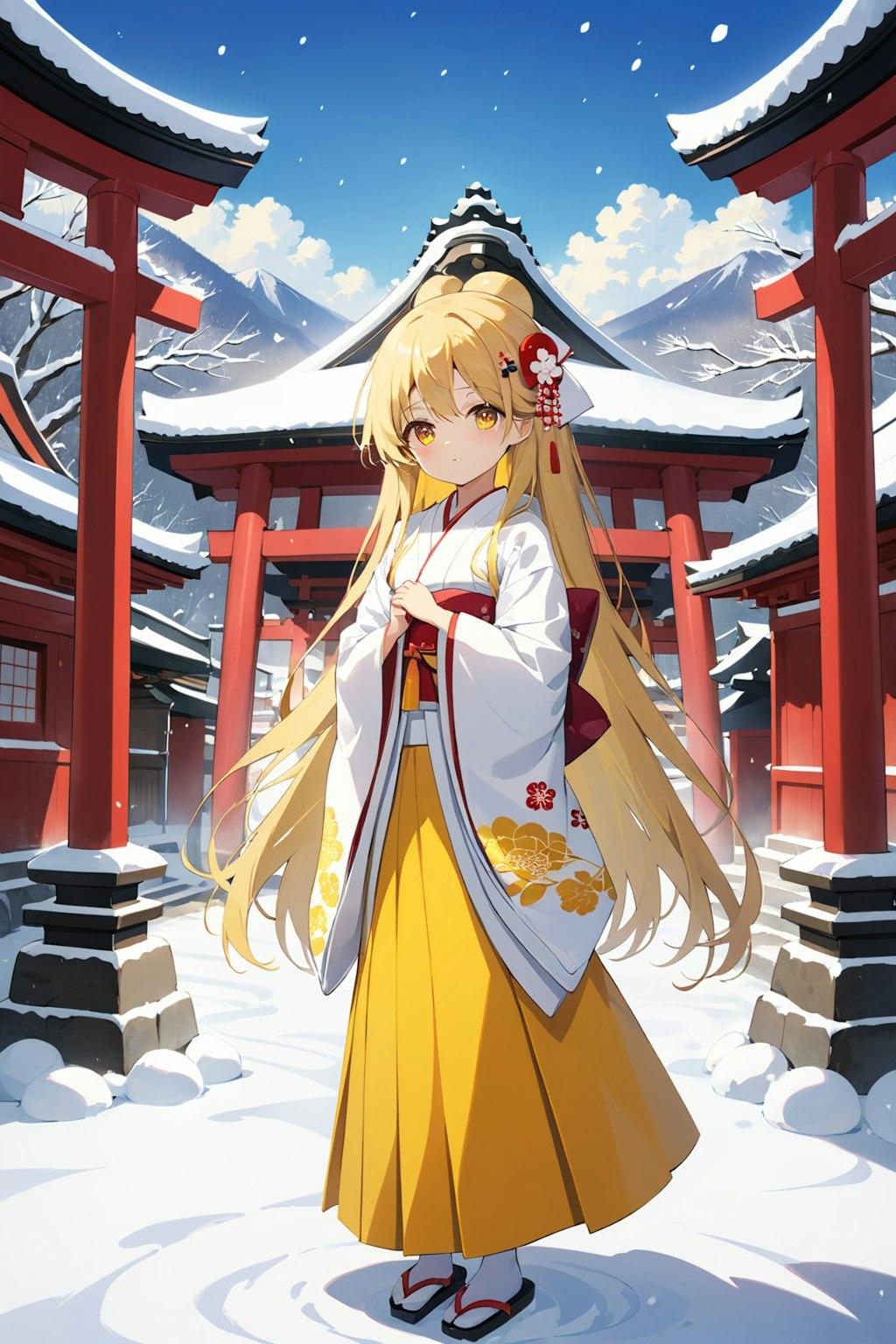 雪の降る神社の巫女