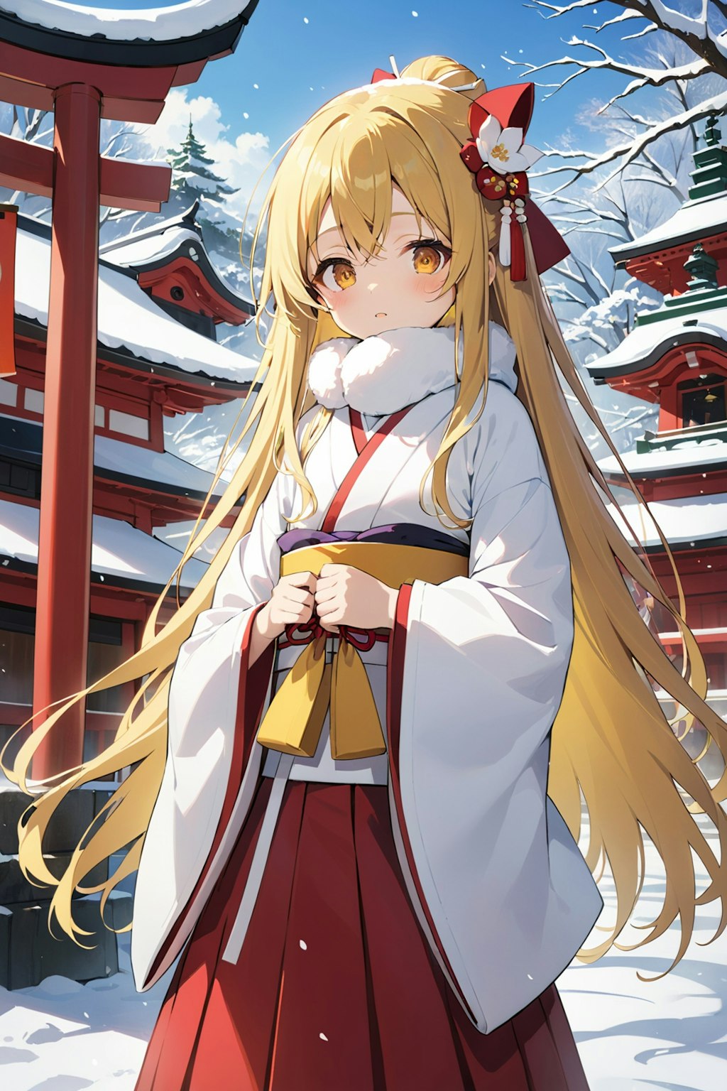 雪の降る神社の巫女