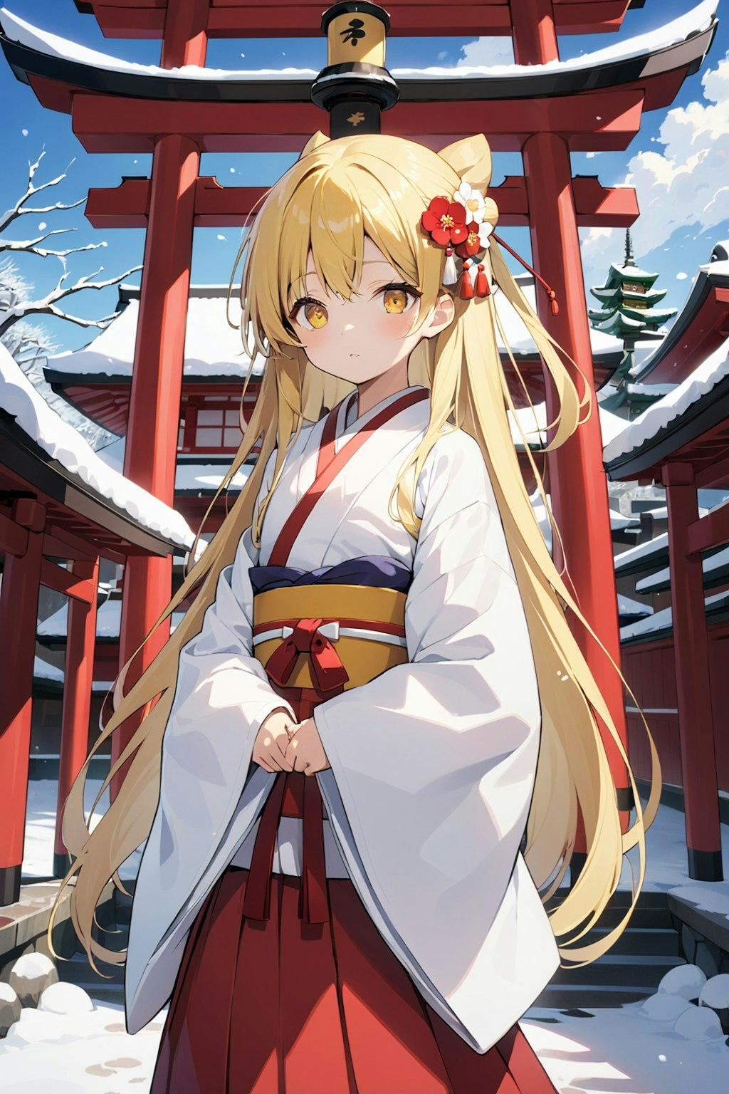 雪の降る神社の巫女