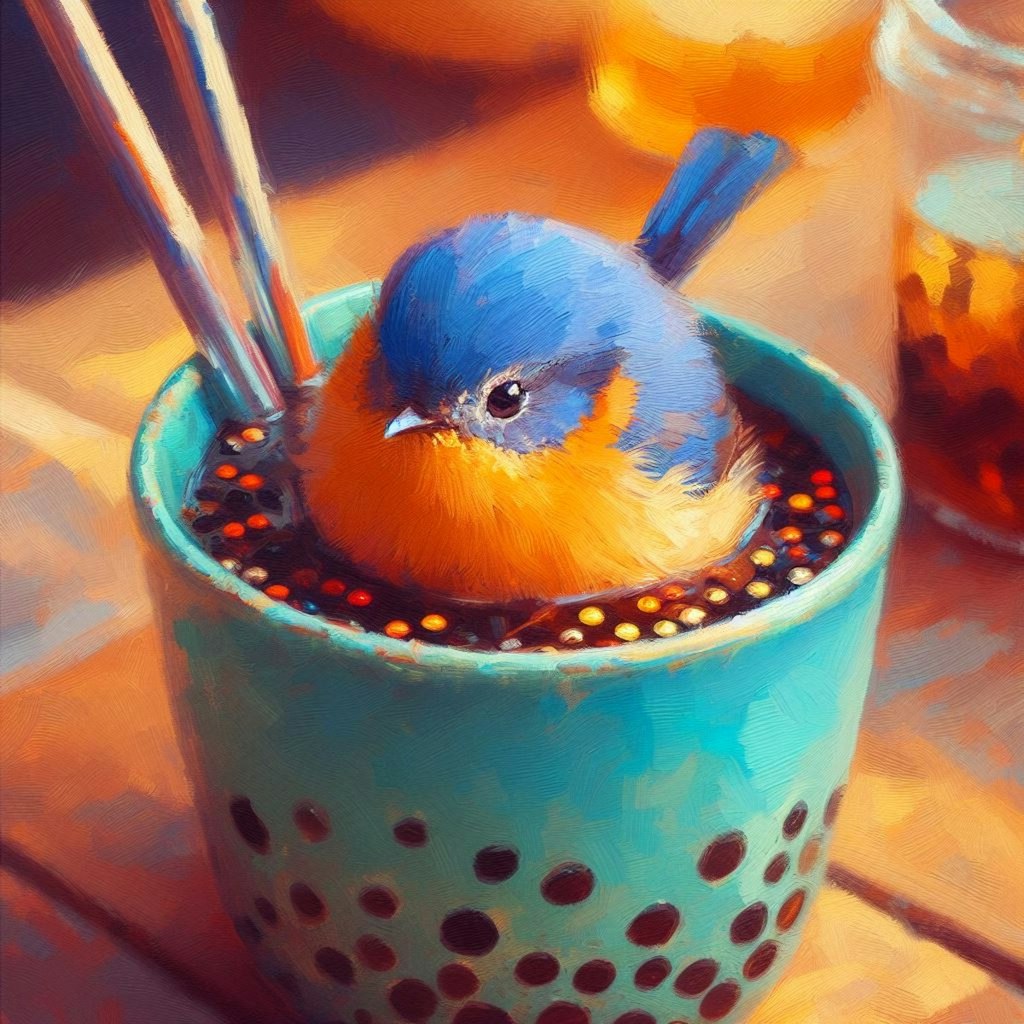 Bird in bubble tea or coffee