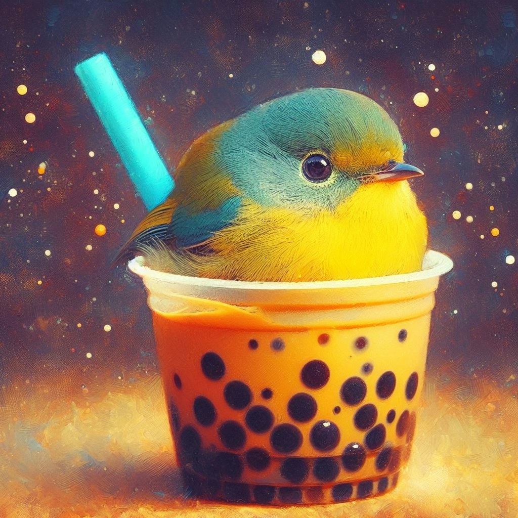 Bird in bubble tea or coffee