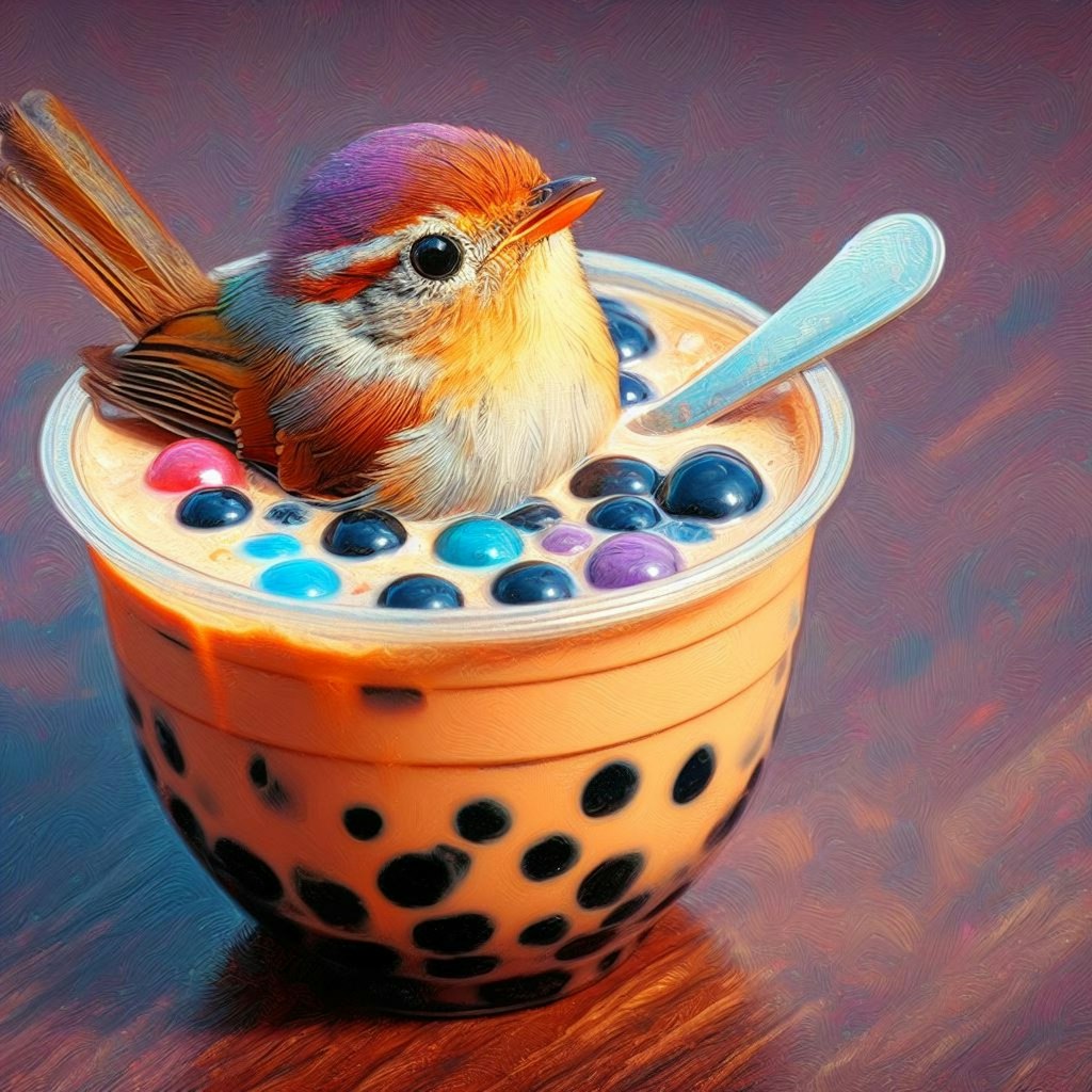 Bird in bubble tea or coffee