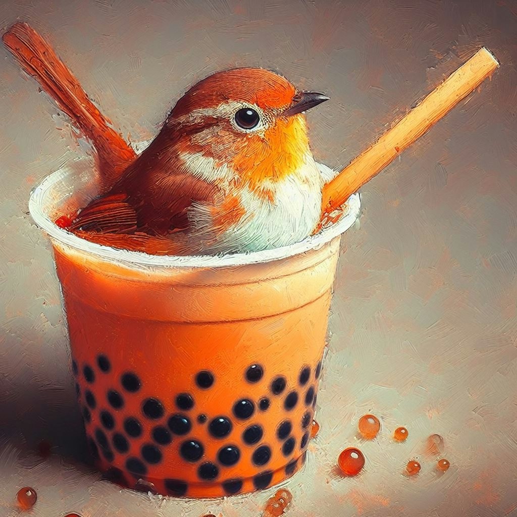 Bird in bubble tea or coffee