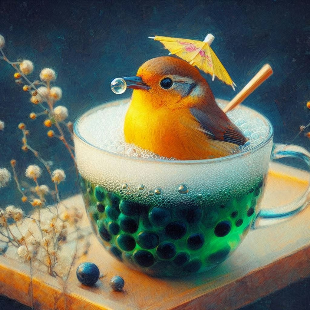 Bird in bubble tea or coffee