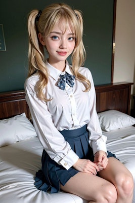 AIイラスト白ギャル貧乳ロリ顔　エロ画像　服ぺちゃん　18歳女子校生海外コスプレイヤー　ベッドで待ってますよ