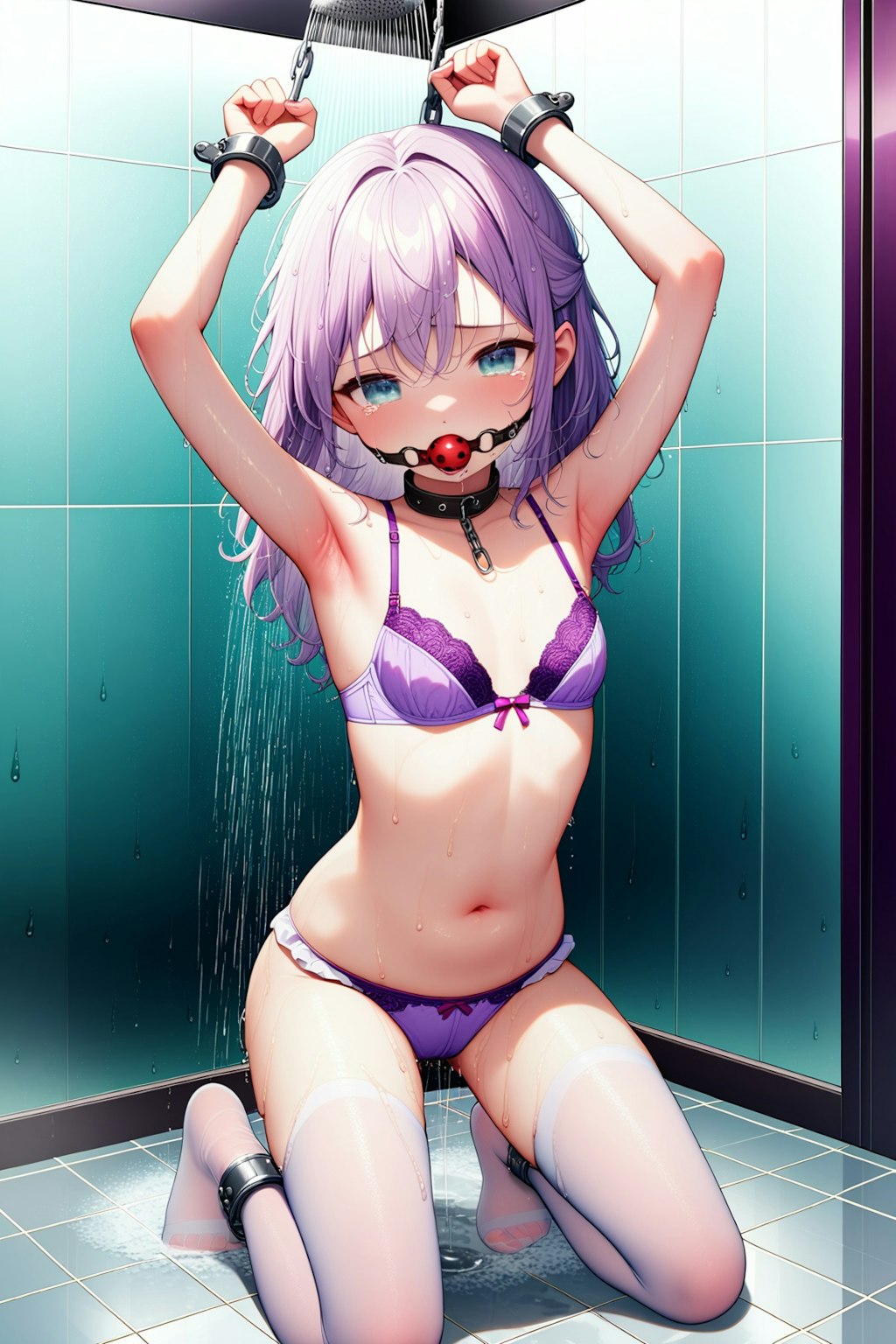 下着姿で拘束されて冷たいシャワーを浴びせられる女の子