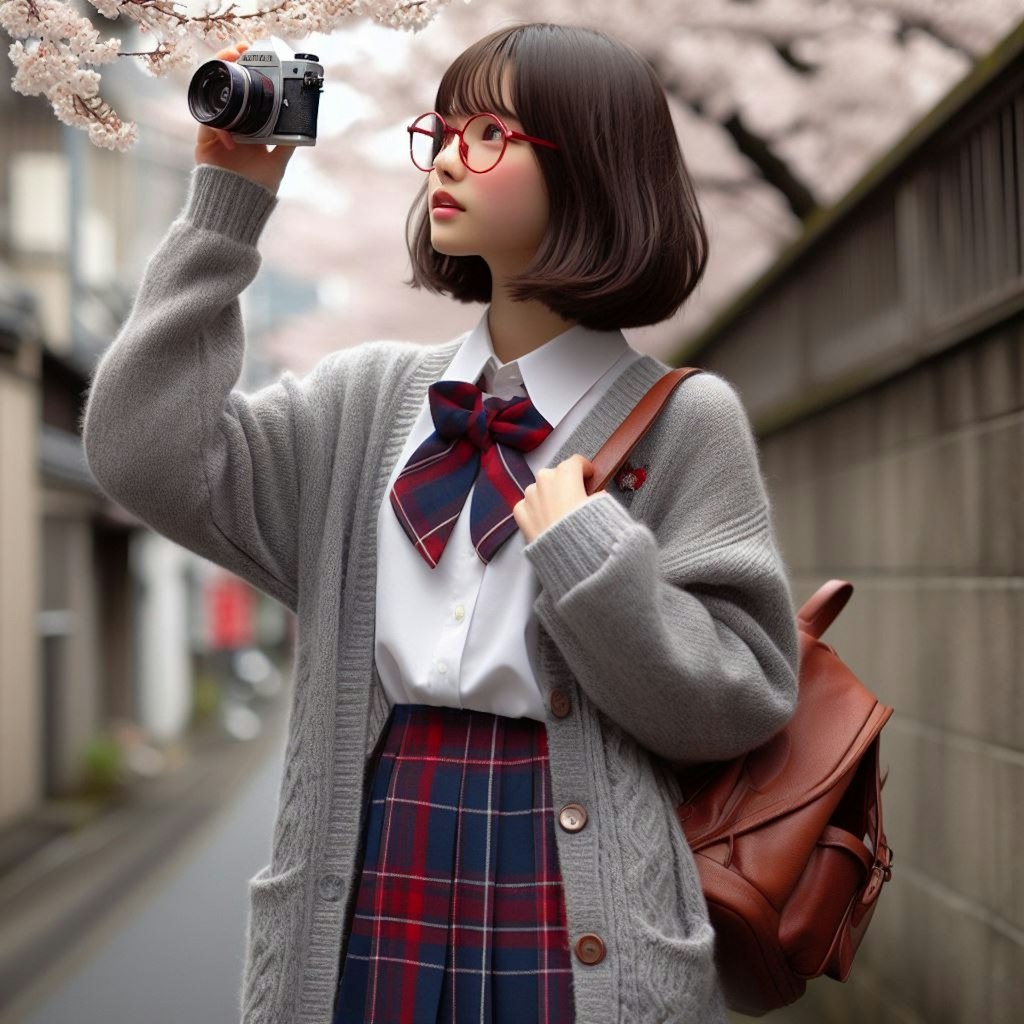 眼鏡女子 楓の桜撮影