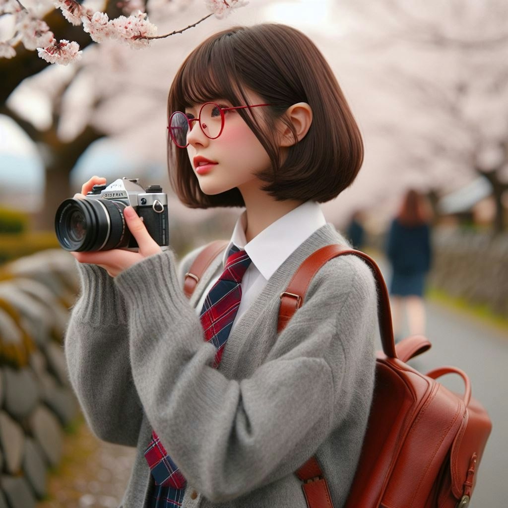 眼鏡女子 楓の桜撮影
