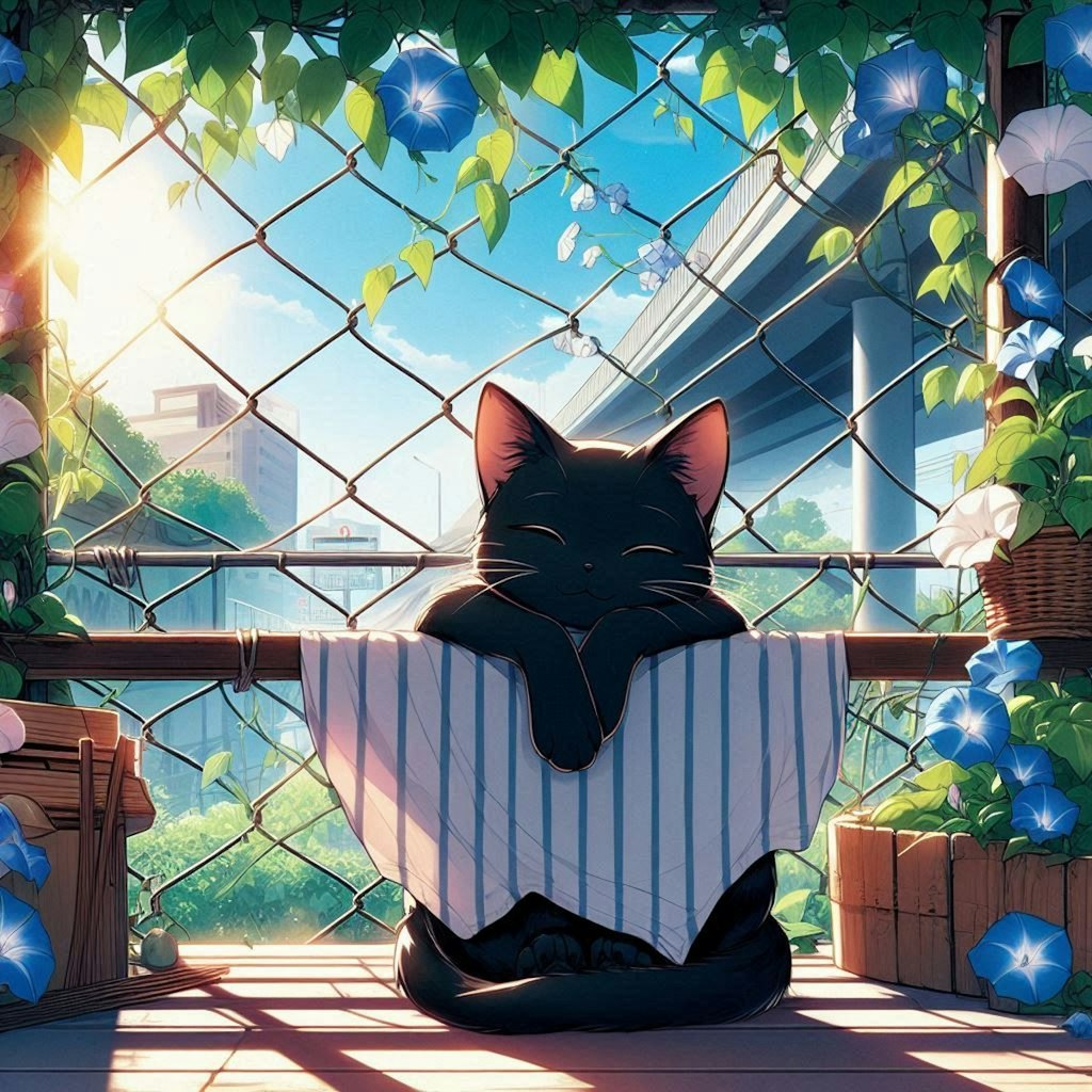 高架下でやすむ黒猫　アニメのイラスト