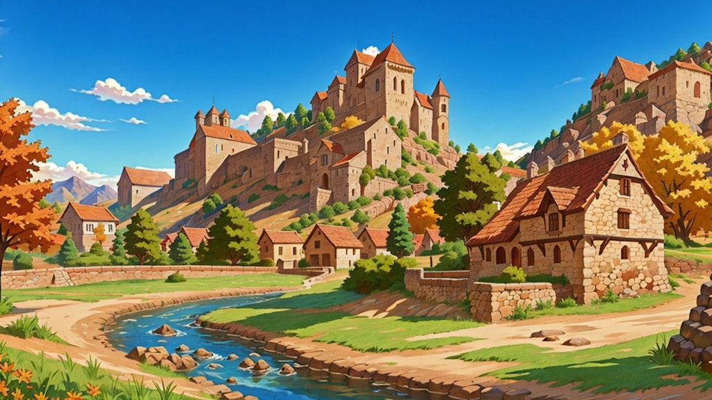 丘上の城、川岸の村