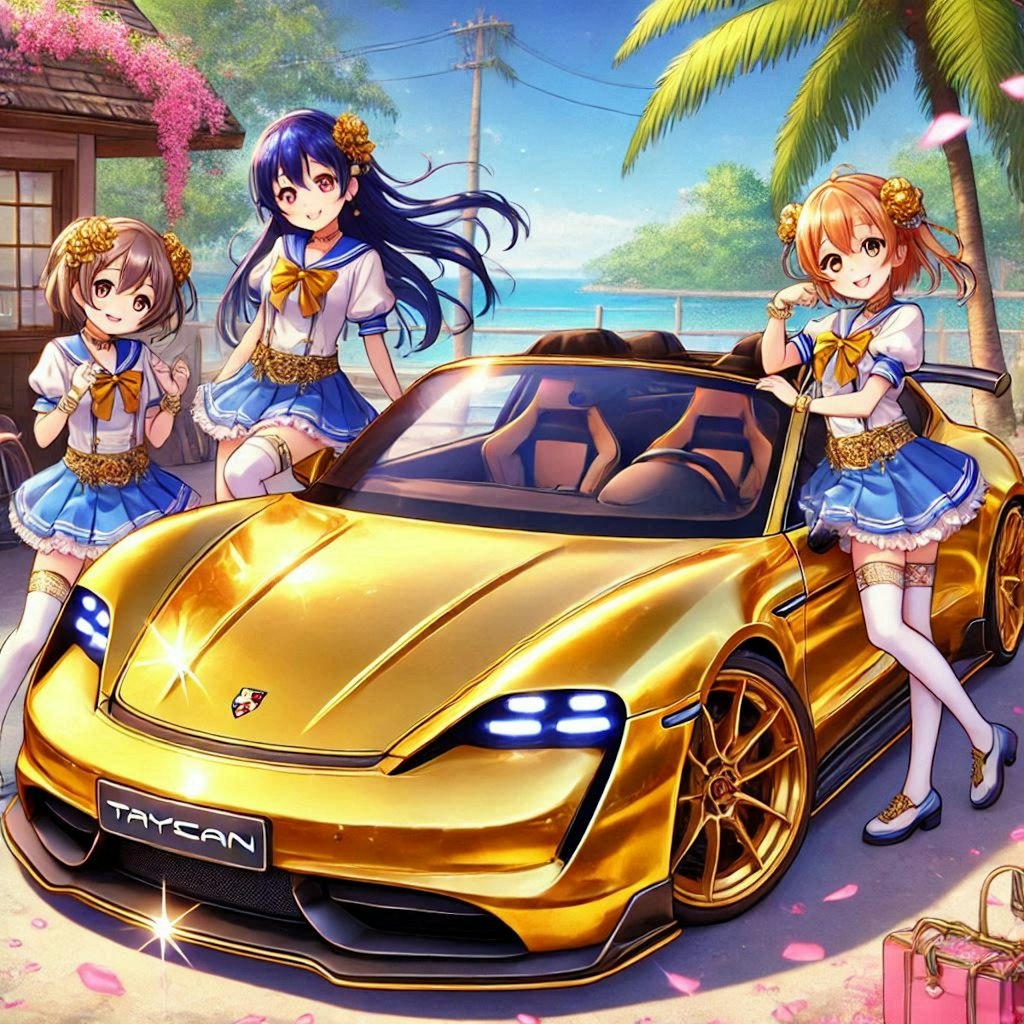 ラブライブキャラとゴールドカラーポルシェタイカンのドリ車