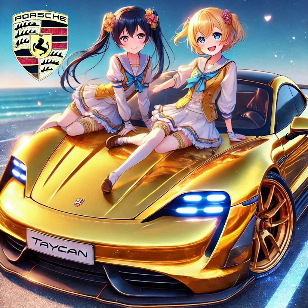 ラブライブキャラとゴールドカラーポルシェタイカンのドリ車