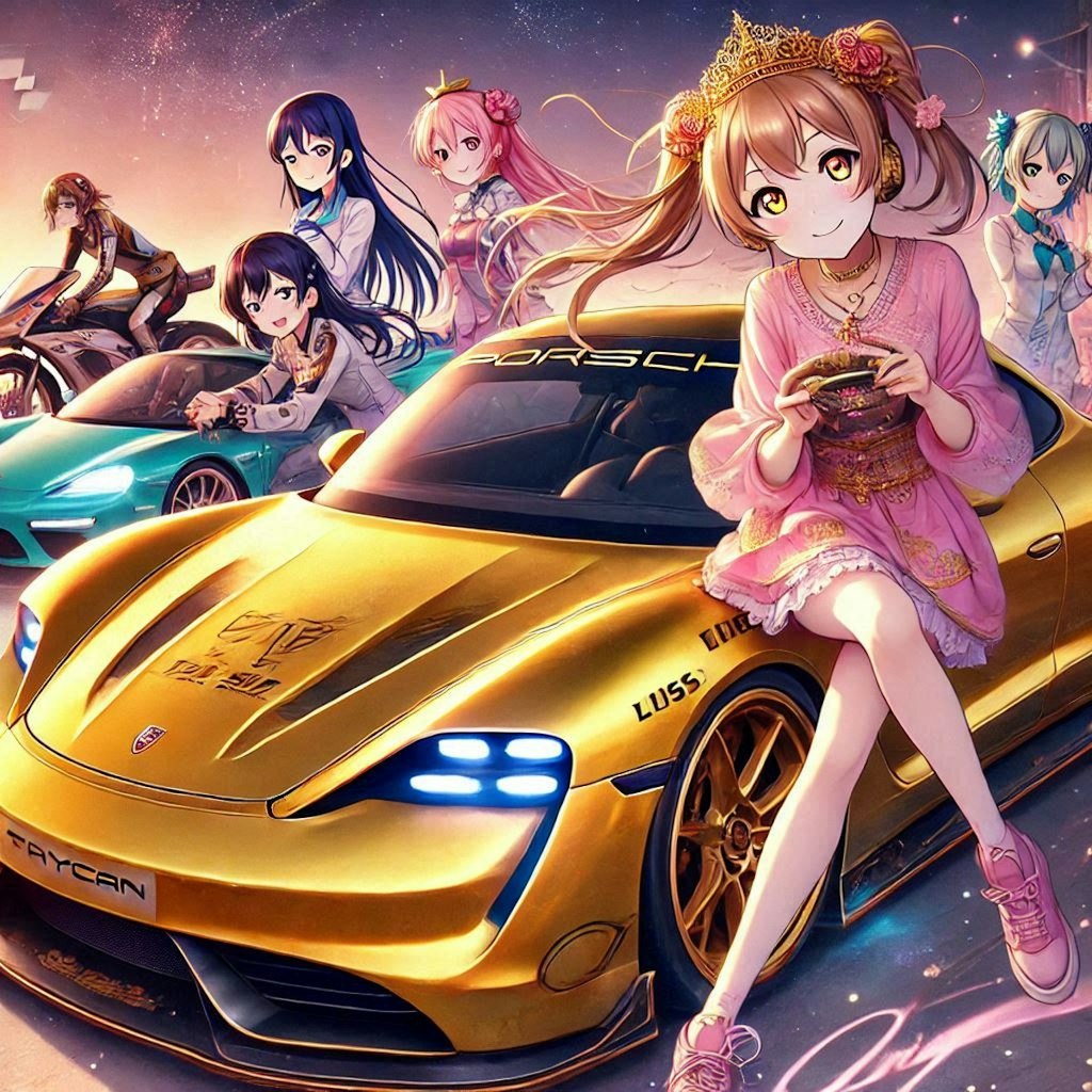 ラブライブキャラとゴールドカラーポルシェタイカンのドリ車