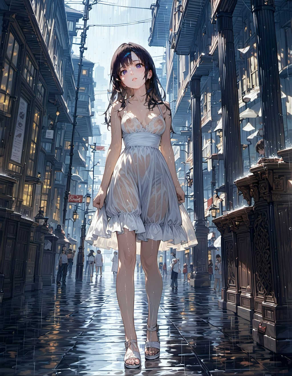 A girl standing in the rain