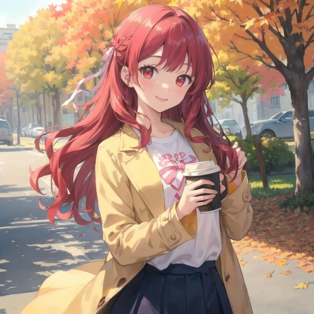 秋、紅葉の下、コーヒー1杯