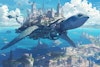 ファンタジー未来都市「水陸空移動可能スカイタートル」