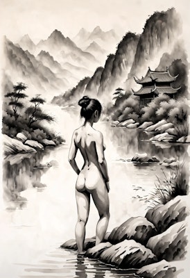 水墨画：山川と乙女