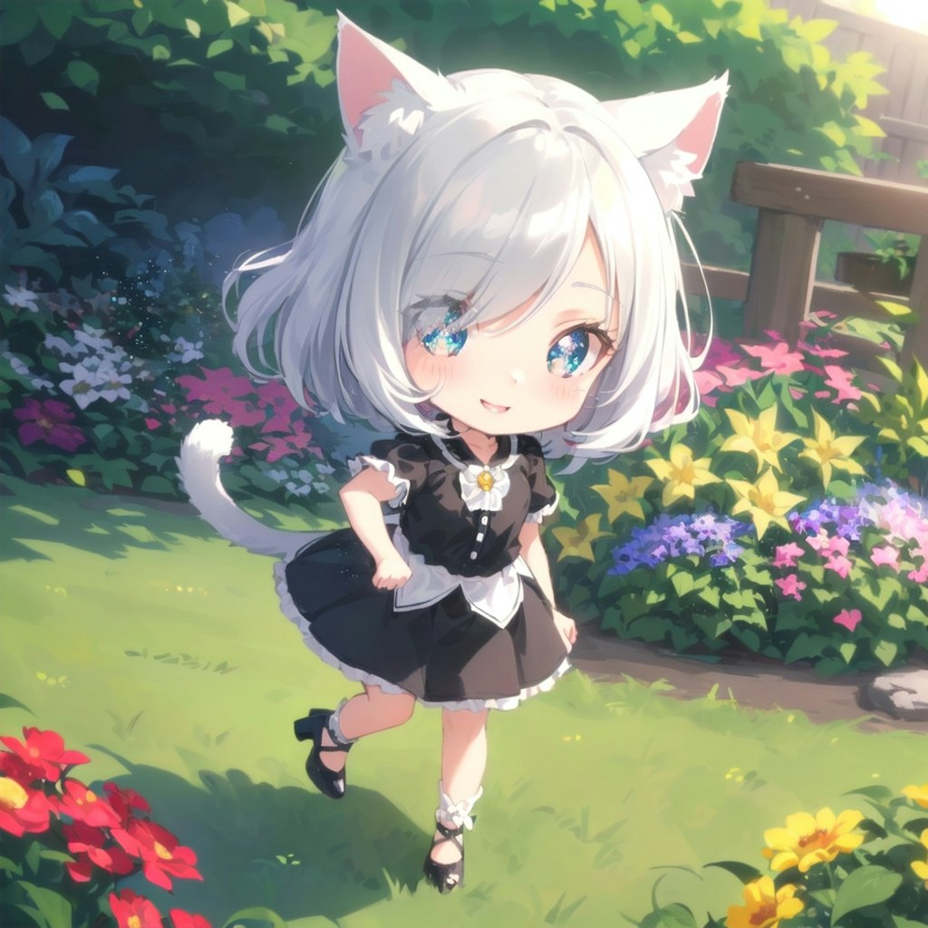 お花畑で遊んでる銀髪猫耳の小さな女の子
