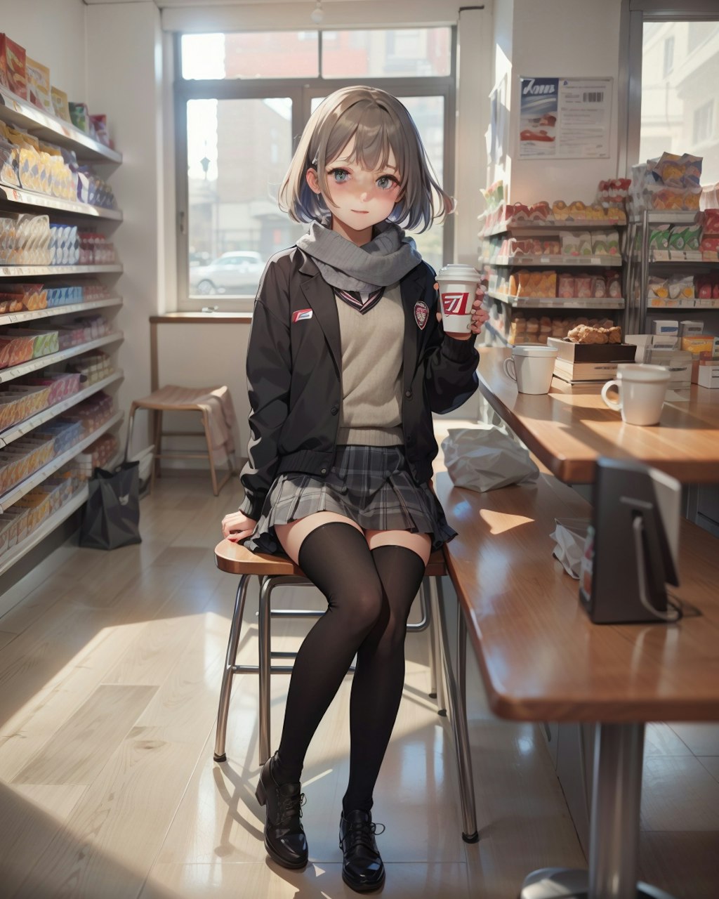 冬のコンビニでコーヒーブレイクする女子高生。