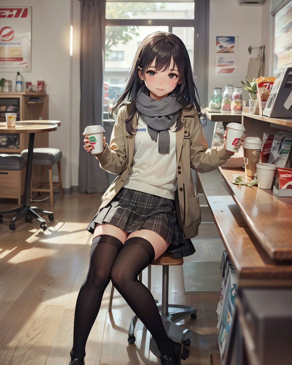 冬のコンビニでコーヒーブレイクする女子高生。
