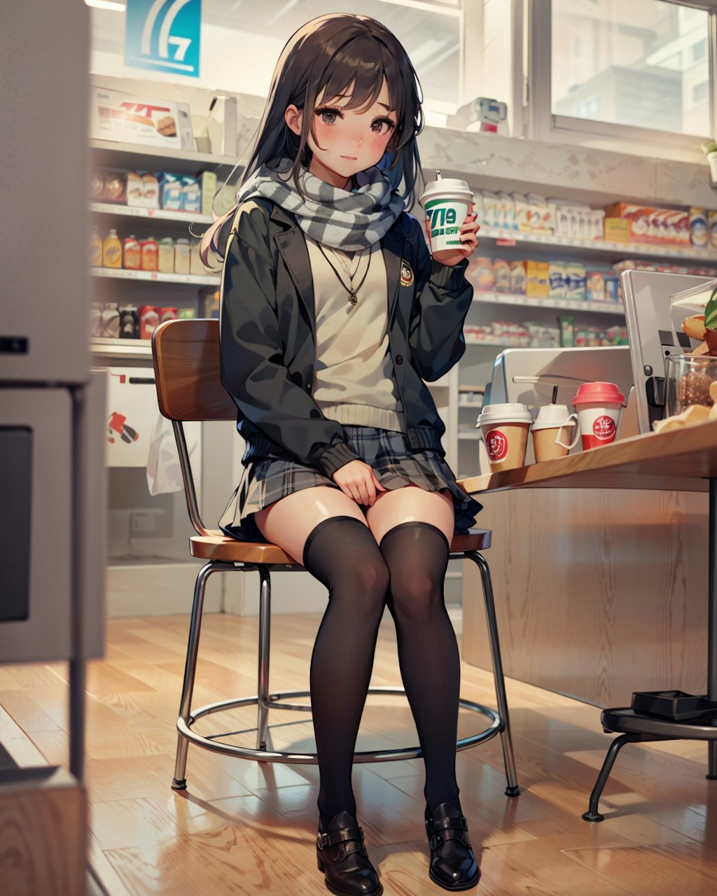 冬のコンビニでコーヒーブレイクする女子高生。