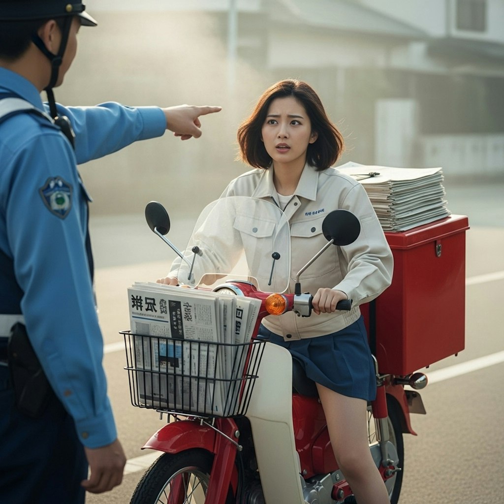 ノンヘルで捕まった美人新聞配達員