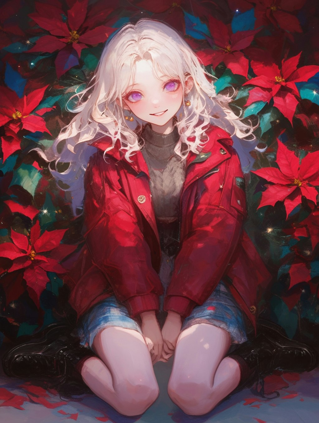 ポインセチアのお花と女の子 Poinsettia flowers and girls