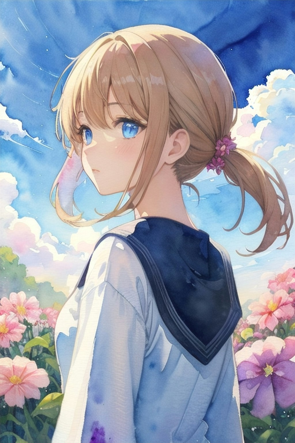 少女と花と青い空