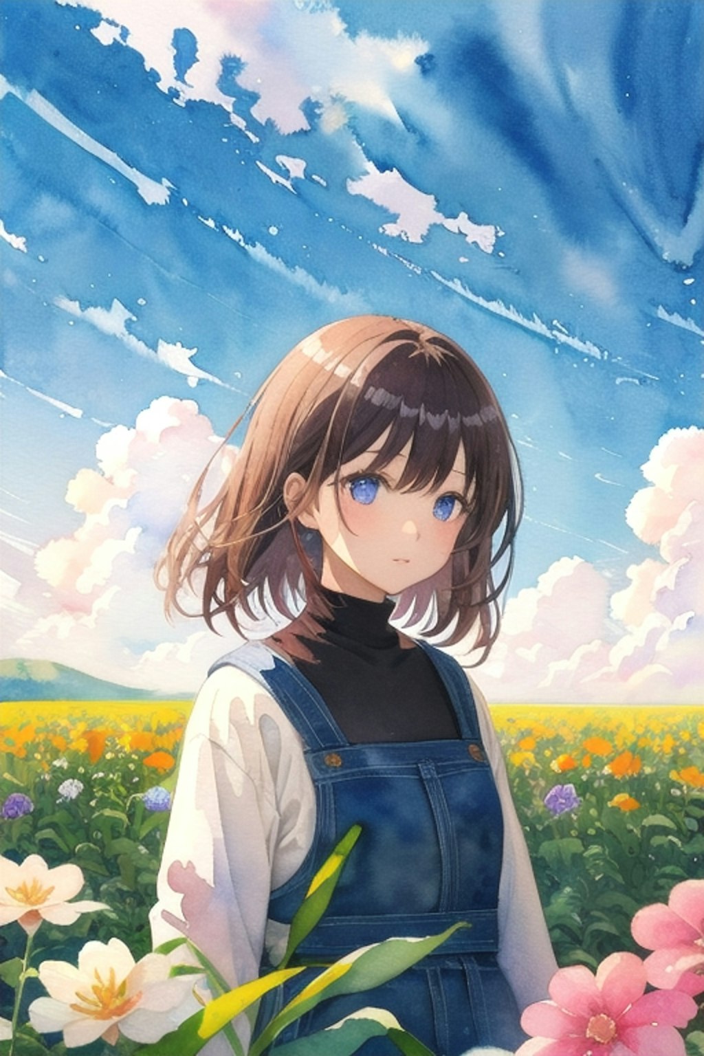 少女と花と青い空