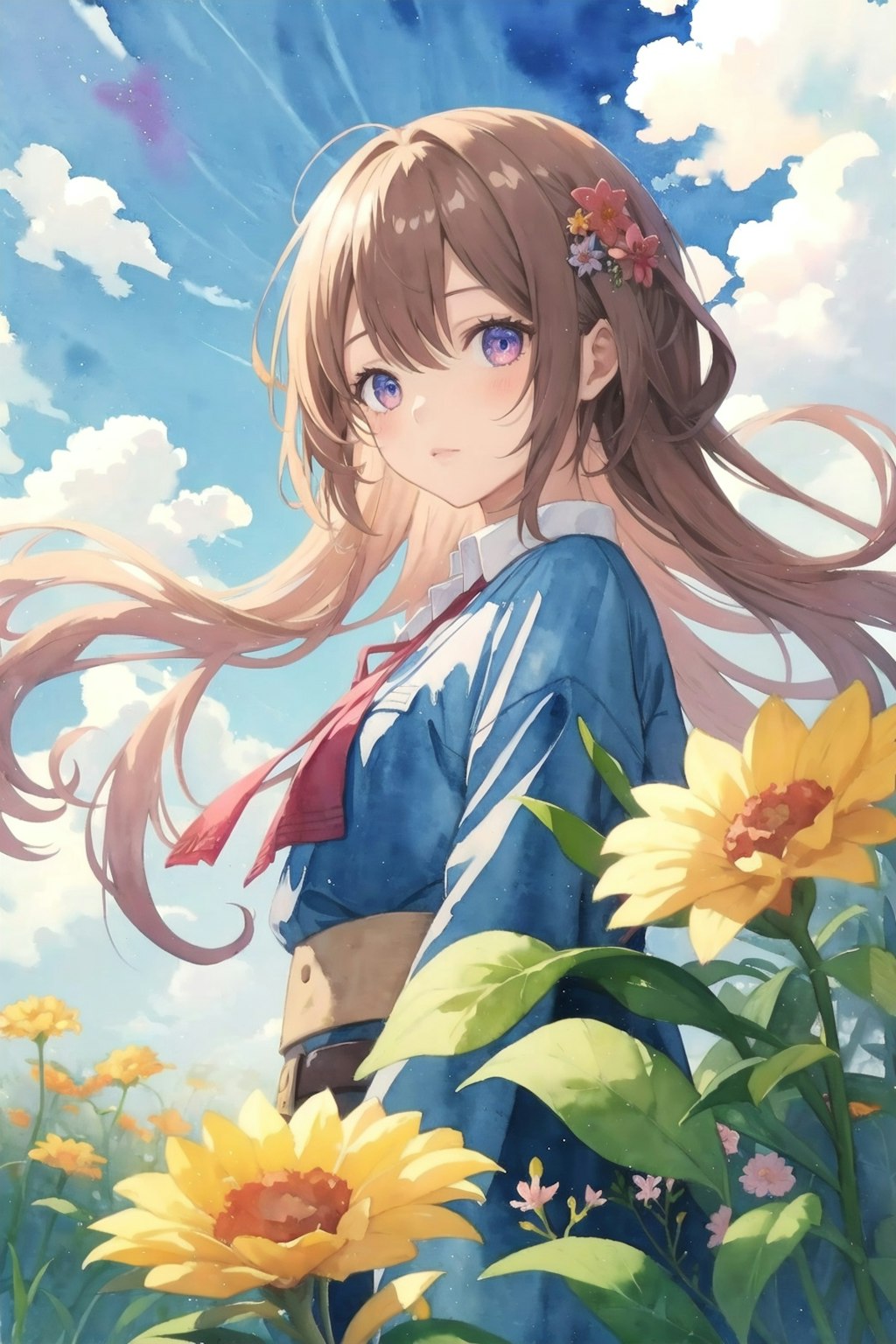 少女と花と青い空