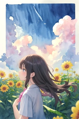 少女と花と青い空