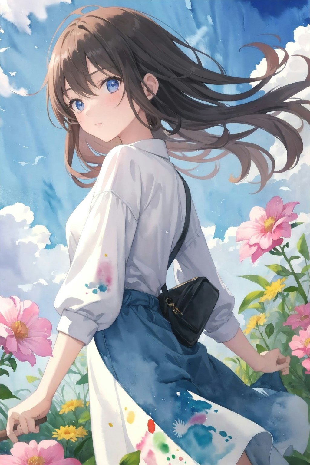 少女と花と青い空