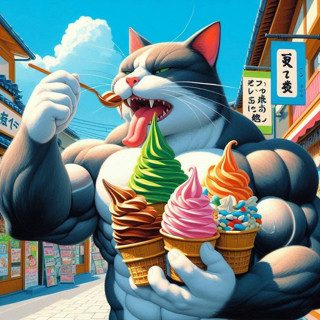 アクリル風 観光地ソフトクリーム専門店でソフトクリーム全種類を食べる筋肉猫