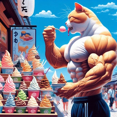 アクリル風 観光地ソフトクリーム専門店でソフトクリーム全種類を食べる筋肉猫 | の人気AIイラスト・グラビア