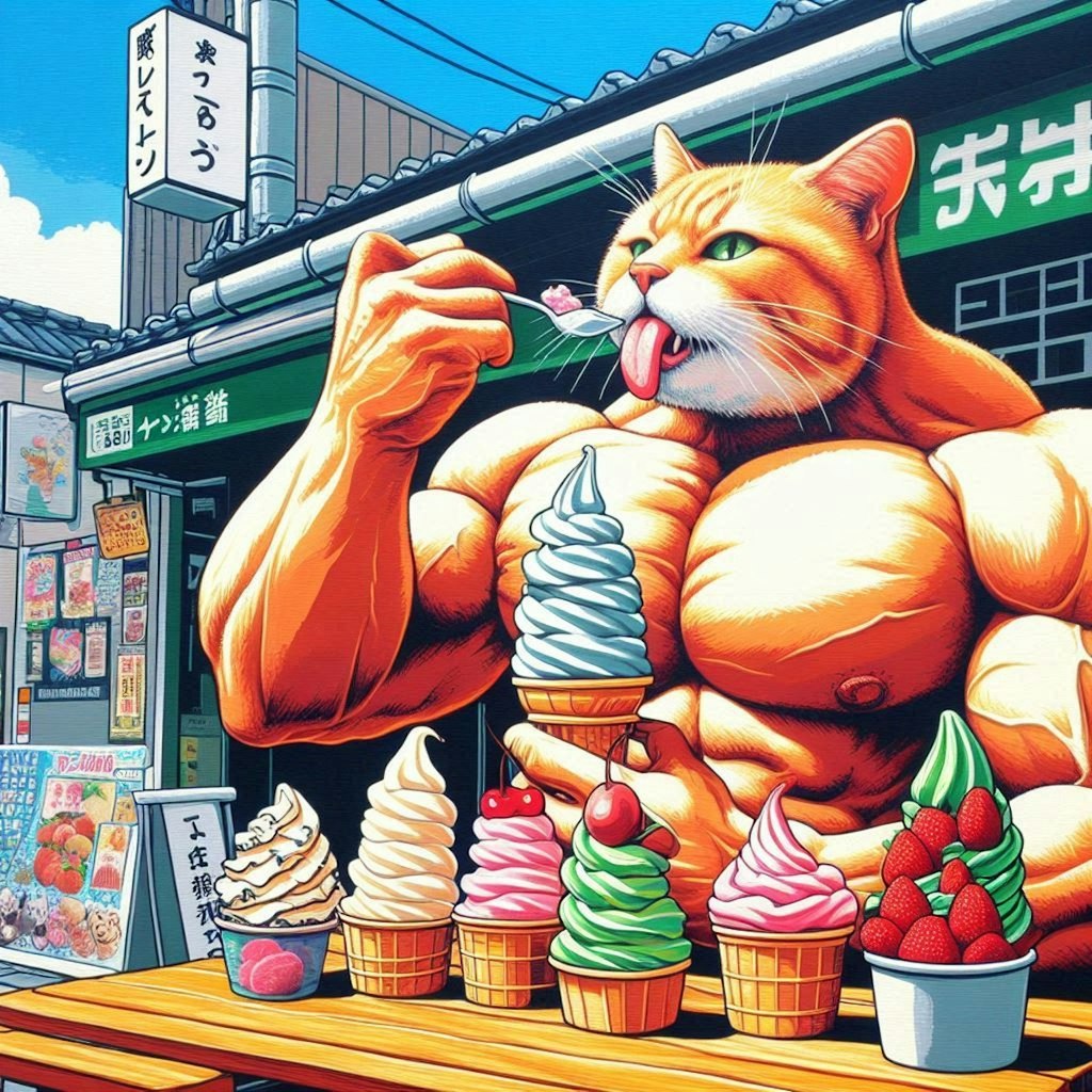 アクリル風 観光地ソフトクリーム専門店でソフトクリーム全種類を食べる筋肉猫