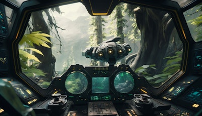 戦闘用ロボットのコックピット　場所：森林地帯