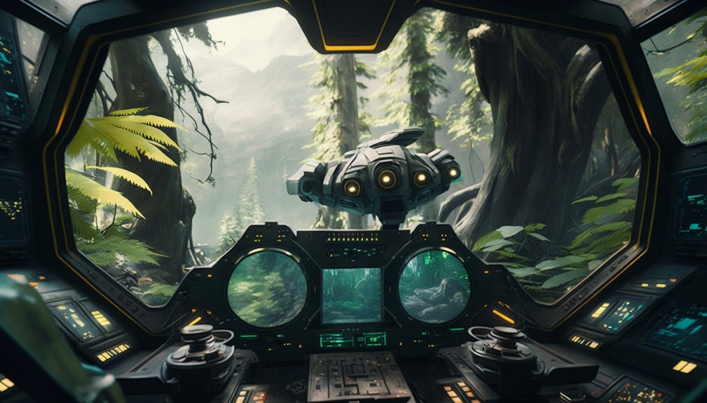 戦闘用ロボットのコックピット　場所：森林地帯
