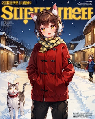 雪の街と冬服の猫娘