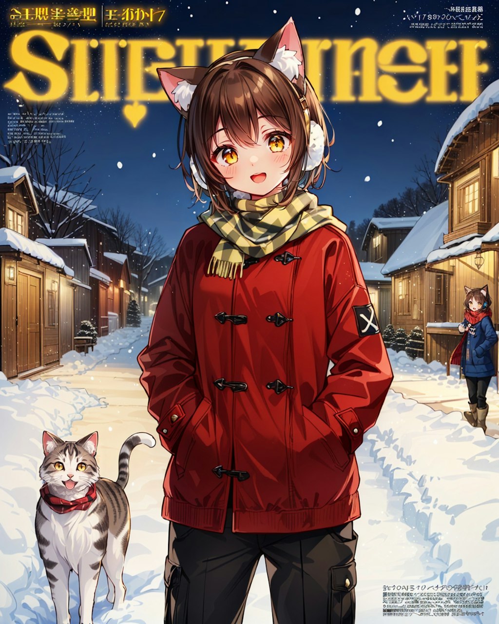 雪の街と冬服の猫娘