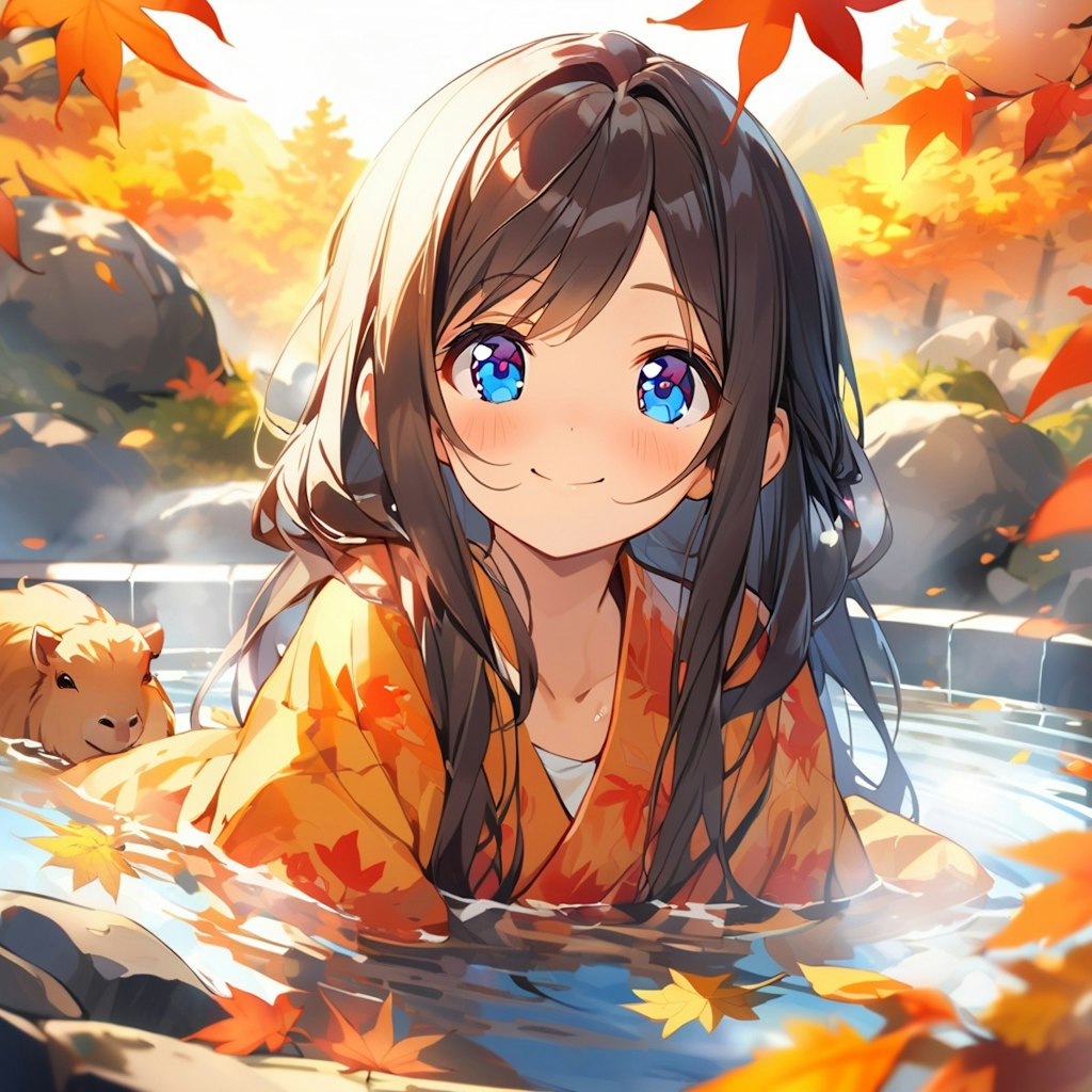 温泉に入りつつ紅葉狩りを楽しむ小さな女の子