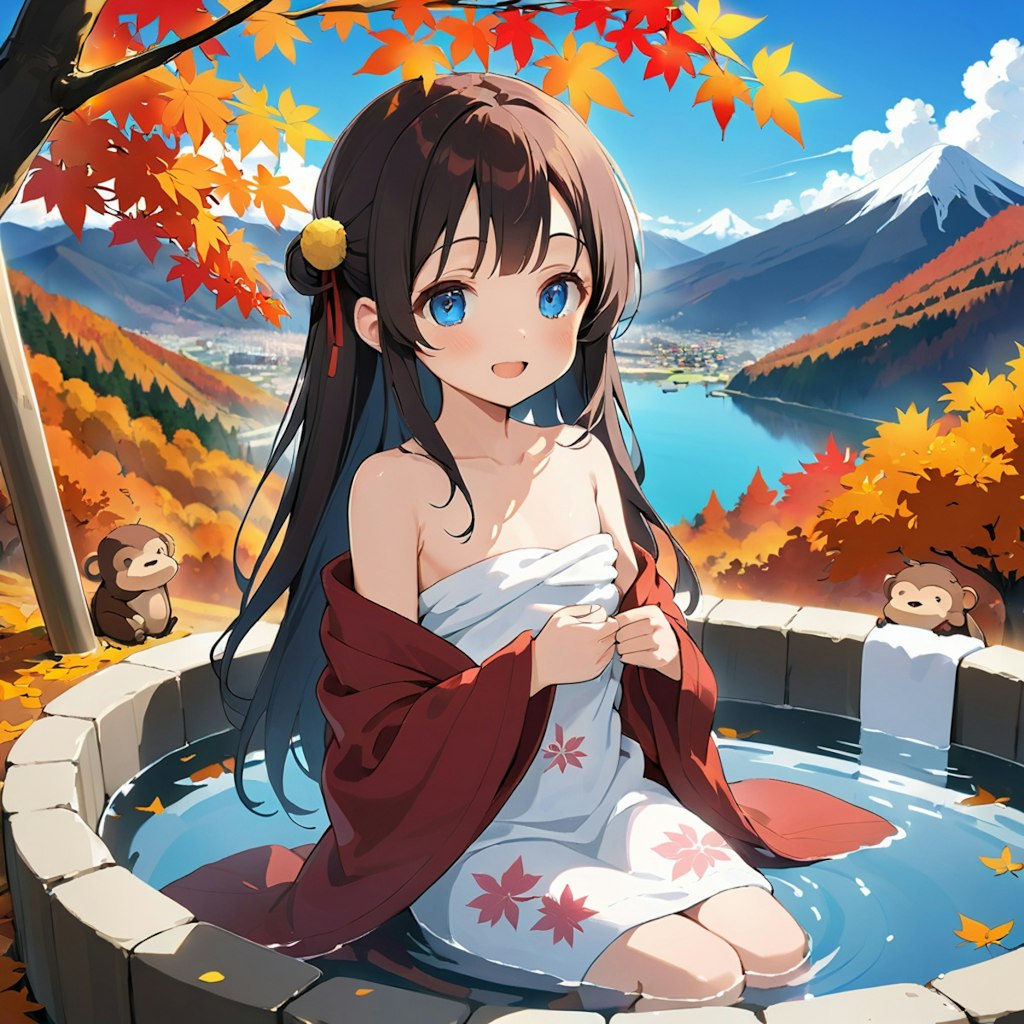 温泉に入りつつ紅葉狩りを楽しむ小さな女の子