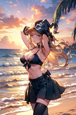 夕日の海岸を歩く海賊少女