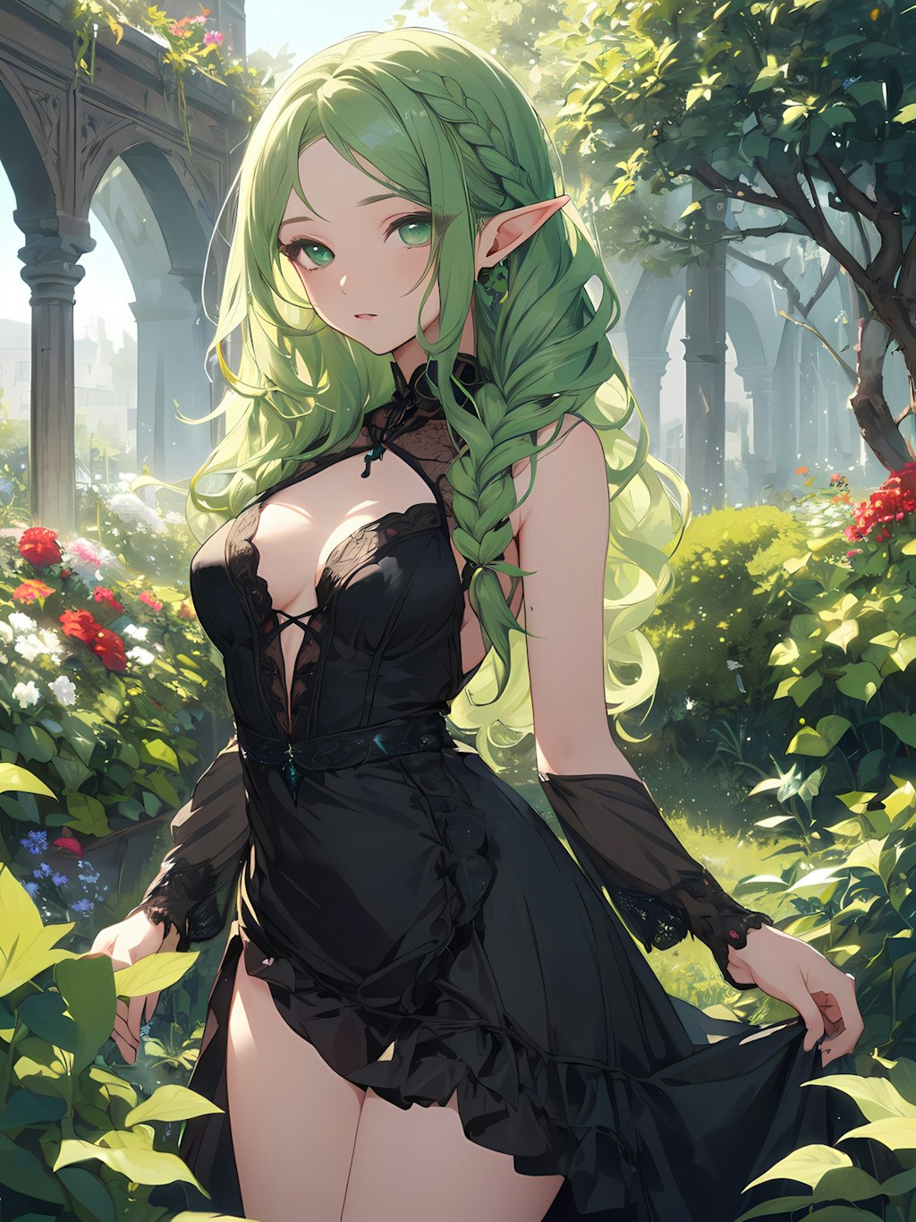 黒いドレスを着た緑眼のエルフ